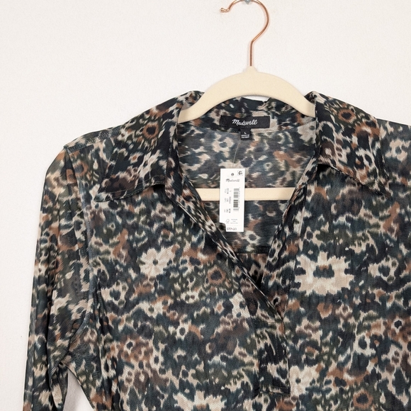 NWT Madewell Mossy Umber Floral Mesh Long Sleeve Polo Top Size L - Picture 4 of 10